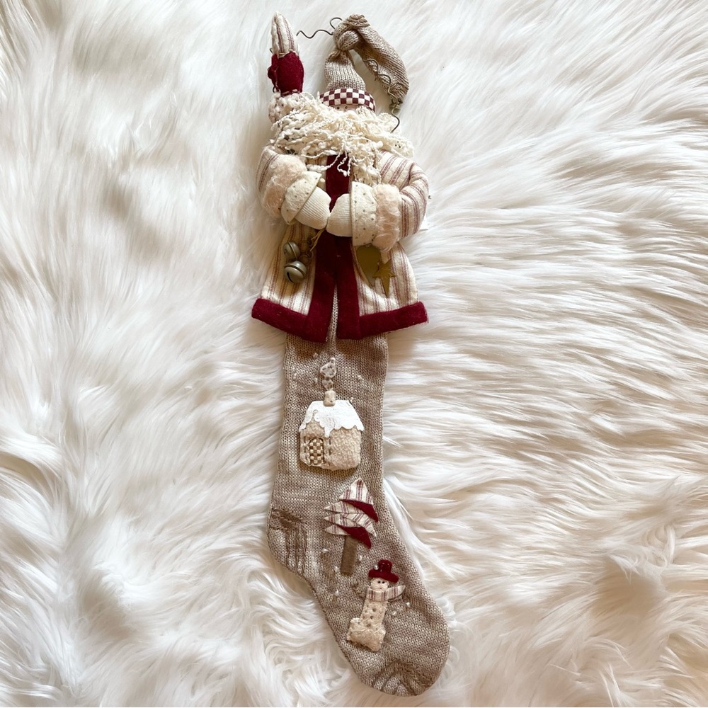 Primitive Country Stuffed Santa On A Knit Stocking Wall Hanging